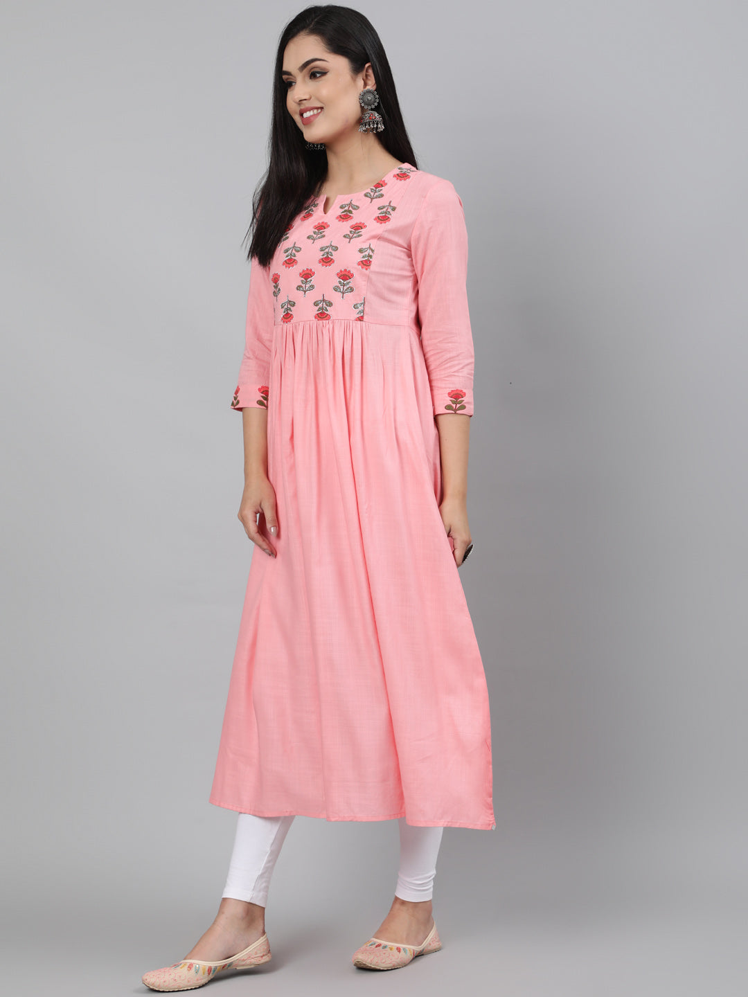 Rayon Baby Pink Calf Length A-Line 3/4 Sleeve Round Neck Embroidered Kurta