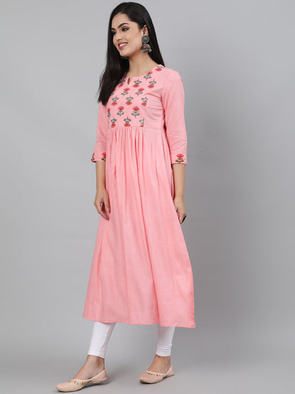 Rayon Baby Pink Calf Length A-Line 3/4 Sleeve Round Neck Embroidered Kurta