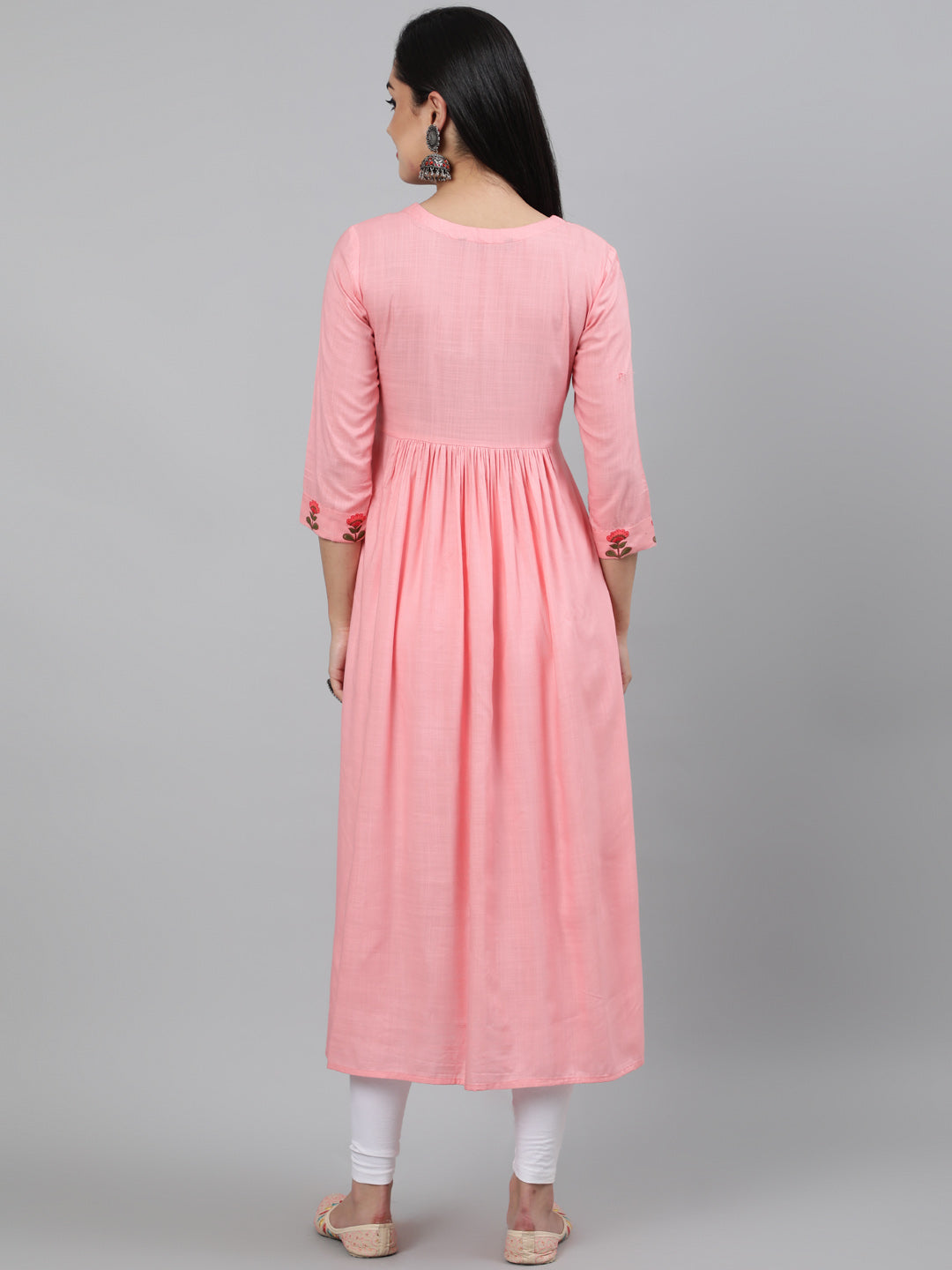 Rayon Baby Pink Calf Length A-Line 3/4 Sleeve Round Neck Embroidered Kurta