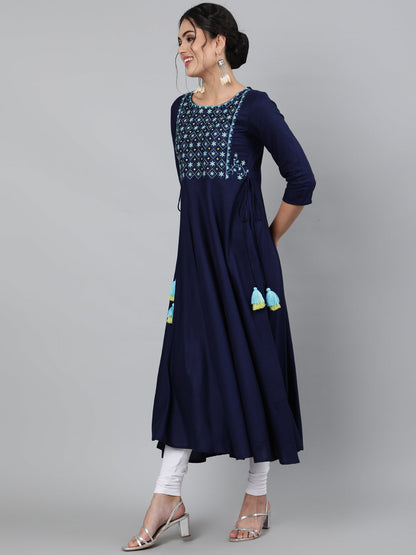 Rayon Navy Blue Calf Length Flared 3/4 Sleeve Round Neck Embroidered Kurta