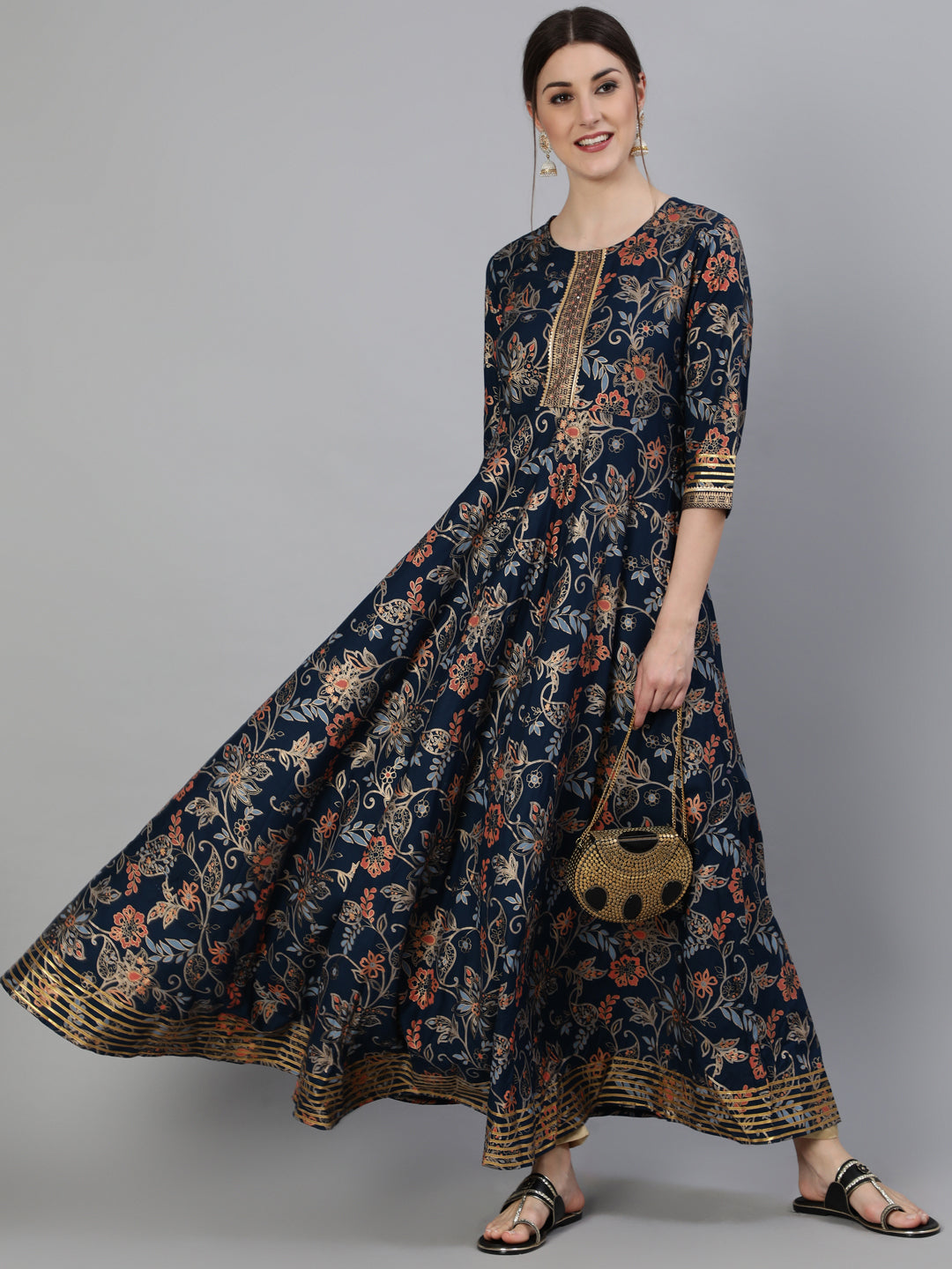 Printed Round Neck Ankle Length 3/4 Sleeve Rayon Flared Kurta