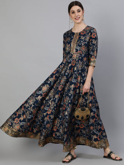 Printed Round Neck Ankle Length 3/4 Sleeve Rayon Flared Kurta