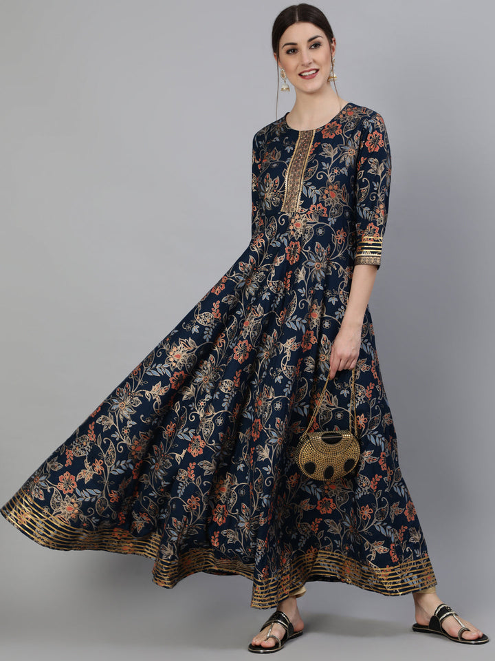 Printed Round Neck Ankle Length 3/4 Sleeve Rayon Flared Kurta