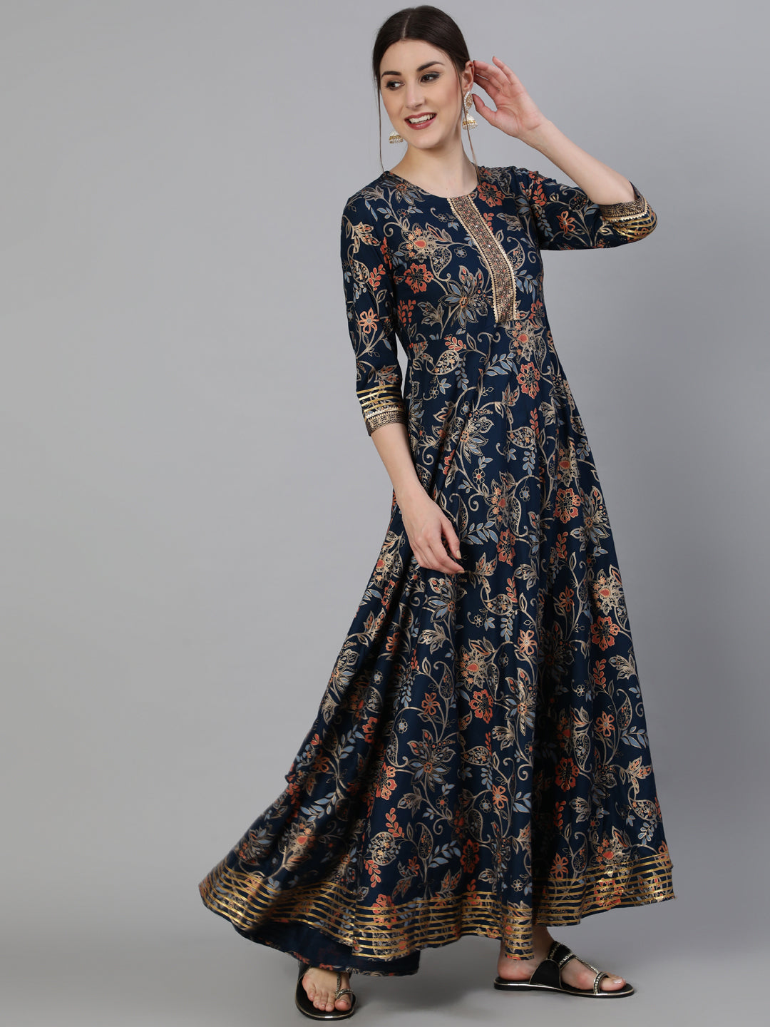 Printed Round Neck Ankle Length 3/4 Sleeve Rayon Flared Kurta