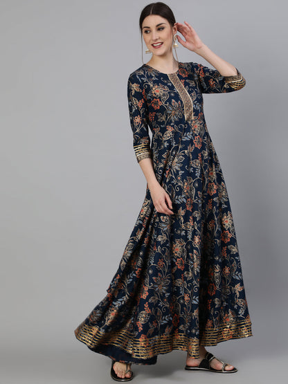 Printed Round Neck Ankle Length 3/4 Sleeve Rayon Flared Kurta