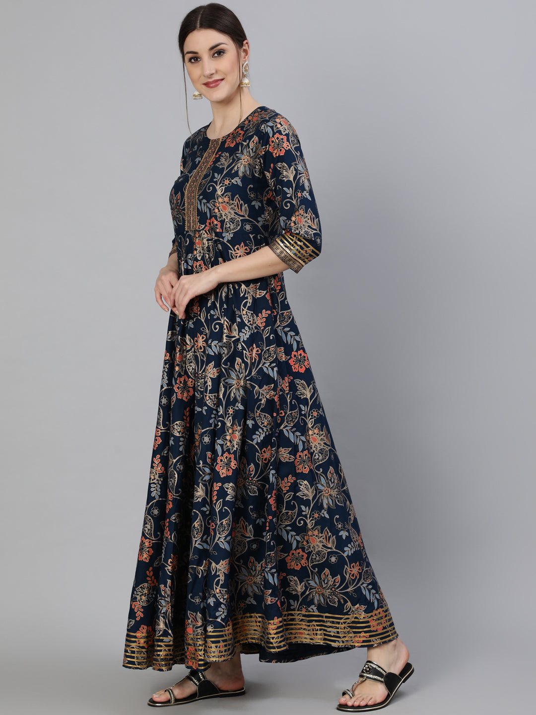 Printed Round Neck Ankle Length 3/4 Sleeve Rayon Flared Kurta