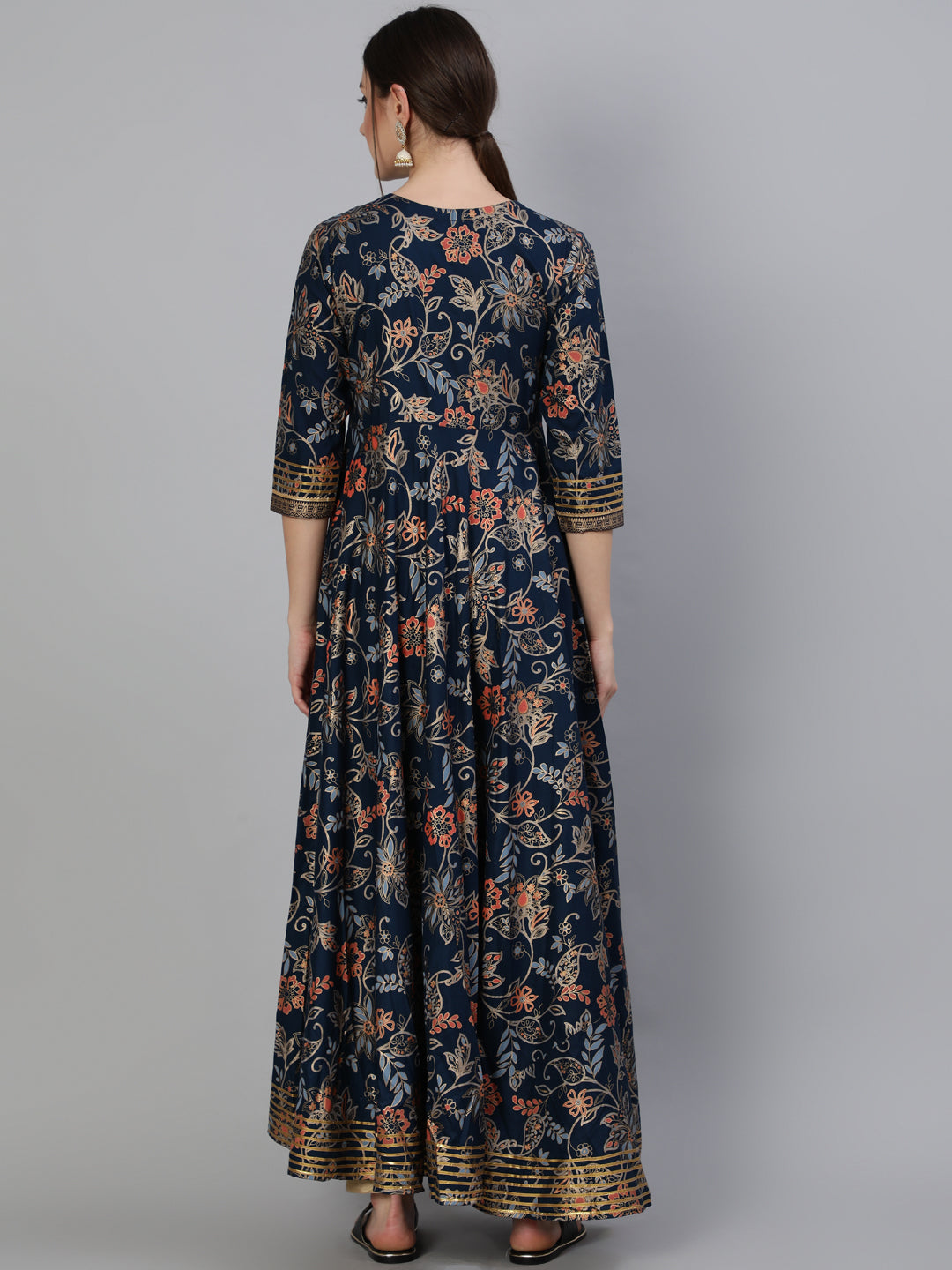 Printed Round Neck Ankle Length 3/4 Sleeve Rayon Flared Kurta