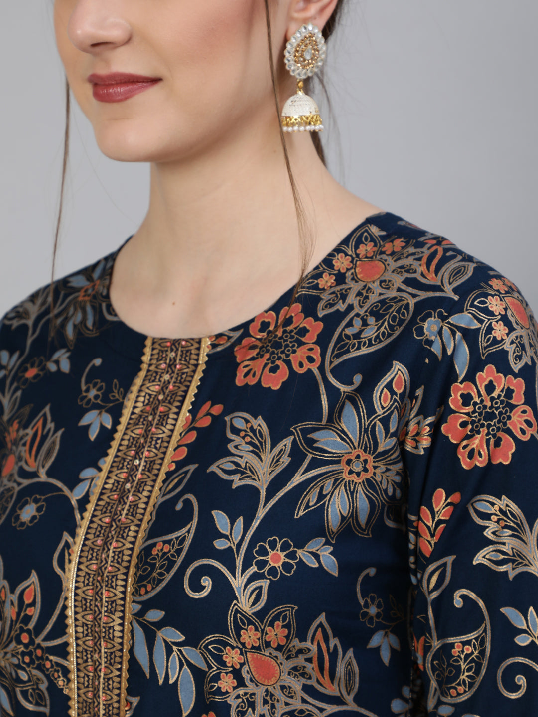 Printed Round Neck Ankle Length 3/4 Sleeve Rayon Flared Kurta