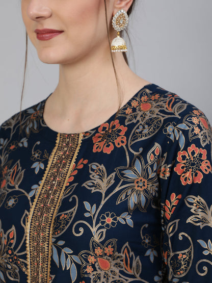 Printed Round Neck Ankle Length 3/4 Sleeve Rayon Flared Kurta