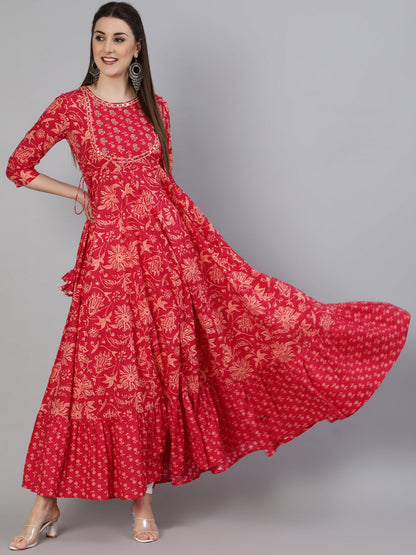 Embroidered Round Neck Ankle Length 3/4 Sleeve Cotton Flared Kurta