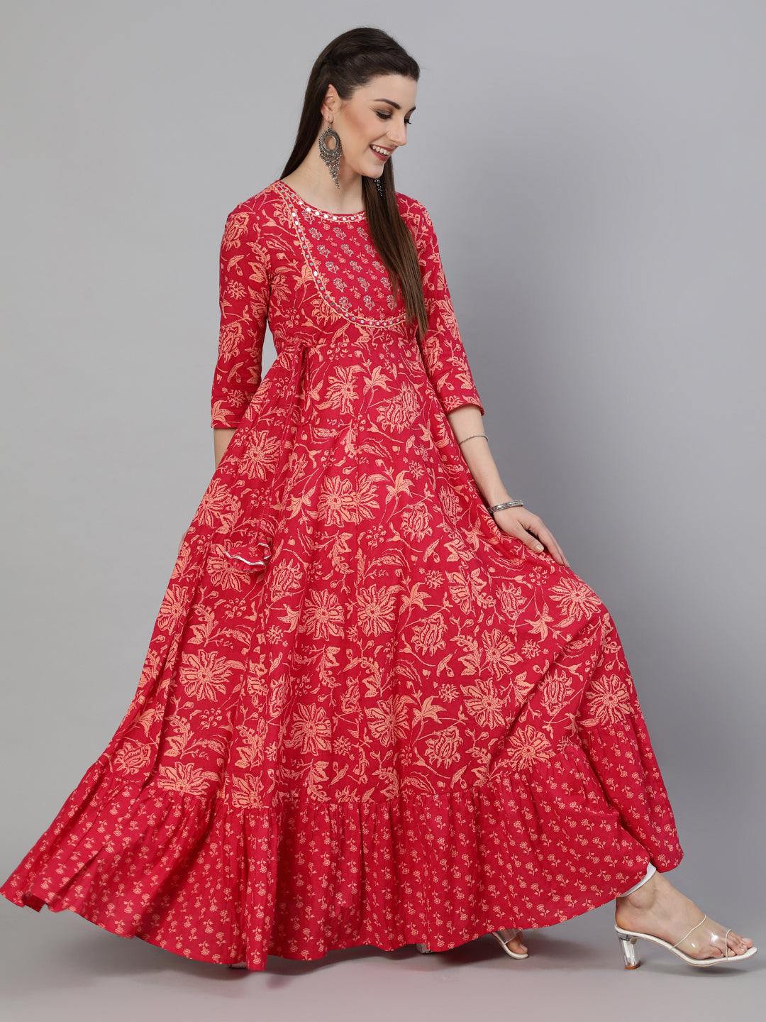 Embroidered Round Neck Ankle Length 3/4 Sleeve Cotton Flared Kurta