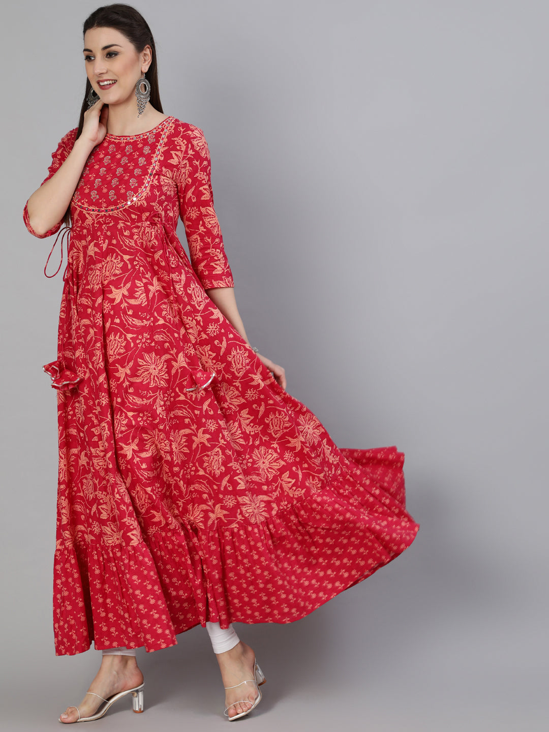 Embroidered Round Neck Ankle Length 3/4 Sleeve Cotton Flared Kurta