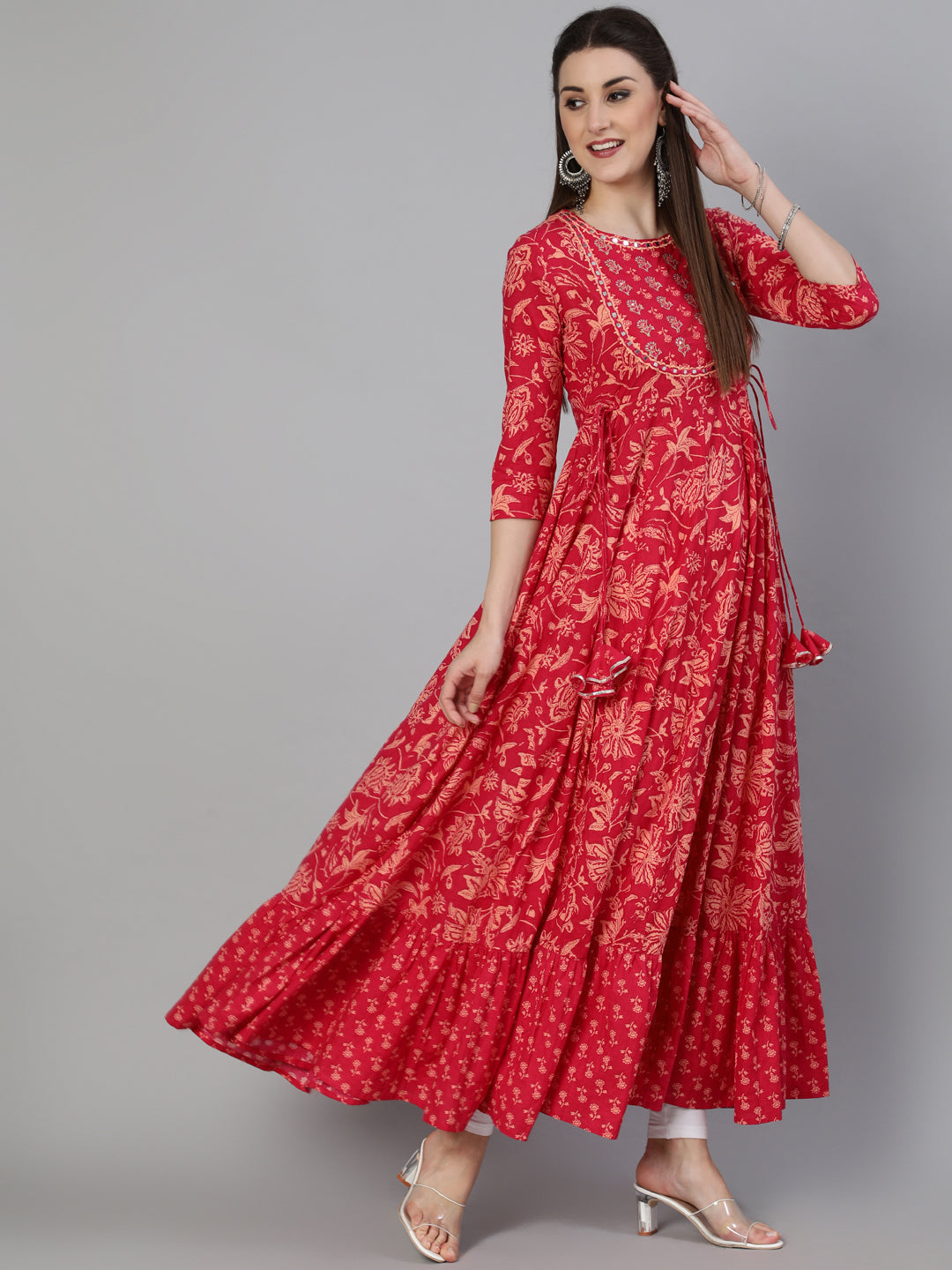Embroidered Round Neck Ankle Length 3/4 Sleeve Cotton Flared Kurta