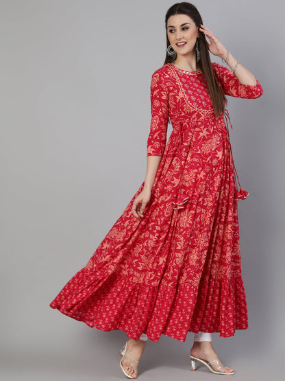 Embroidered Round Neck Ankle Length 3/4 Sleeve Cotton Flared Kurta