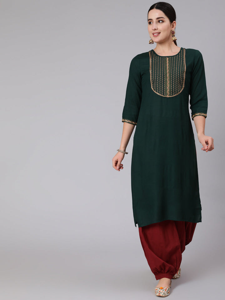 Rayon Calf Length Embroidered Straight 3/4 Sleeve Round Neck Kurta