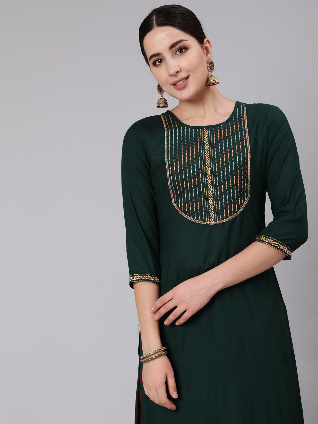 Rayon Calf Length Embroidered Straight 3/4 Sleeve Round Neck Kurta