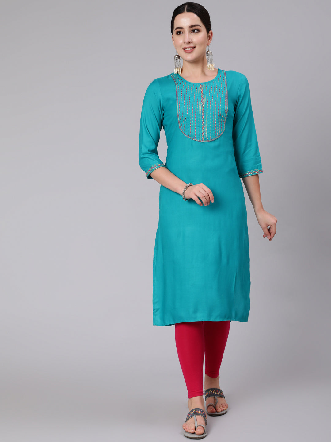 Rayon Calf Length Embroidered Straight 3/4 Sleeve Round Neck Kurta