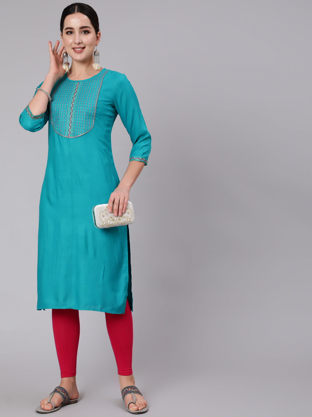 Rayon Calf Length Embroidered Straight 3/4 Sleeve Round Neck Kurta