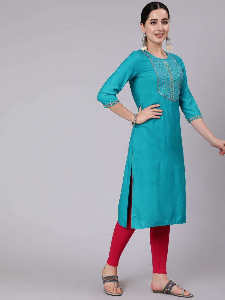 Rayon Calf Length Embroidered Straight 3/4 Sleeve Round Neck Kurta