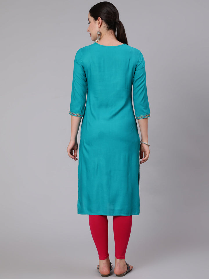 Rayon Calf Length Embroidered Straight 3/4 Sleeve Round Neck Kurta