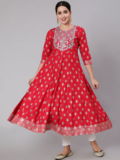 Rayon Calf Length Sequence Flared 3/4 Sleeve Round Neck Kurta