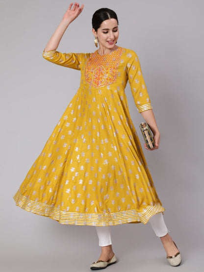 Rayon Calf Length Sequence Flared 3/4 Sleeve Round Neck Kurta