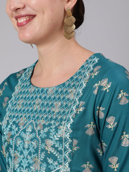 Rayon Calf Length Sequence Flared 3/4 Sleeve Round Neck Kurta