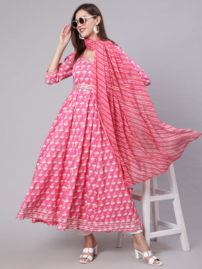 Rayon Ankle Length Printed Flared 3/4 Sleeve Round Neck Kurta Dupatta Set
