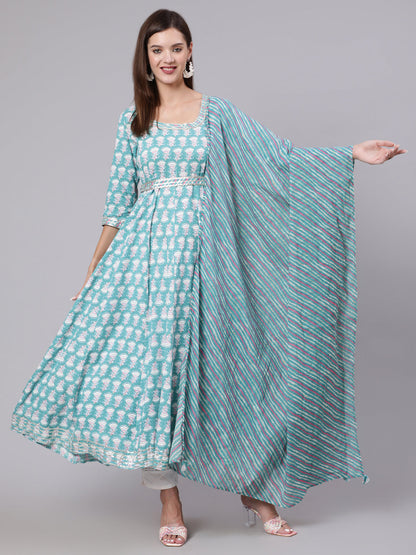 Rayon Ankle Length Printed Flared 3/4 Sleeve Round Neck Kurta Dupatta Set