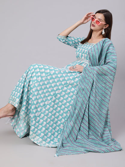 Rayon Ankle Length Printed Flared 3/4 Sleeve Round Neck Kurta Dupatta Set
