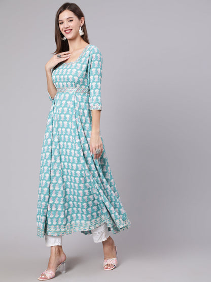 Rayon Ankle Length Printed Flared 3/4 Sleeve Round Neck Kurta Dupatta Set