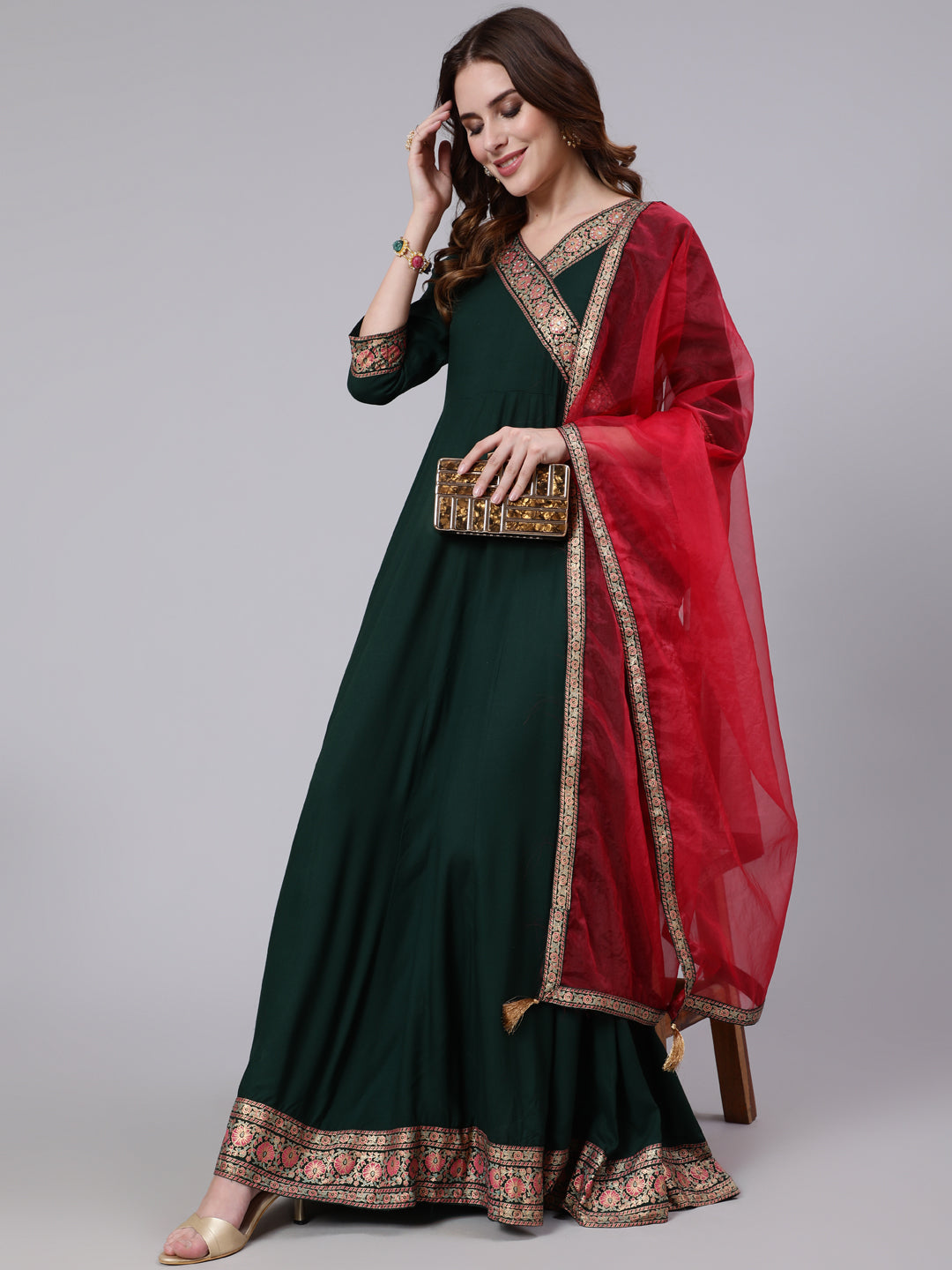 Rayon Slub Full Length Solid Flared 3/4 Sleeve V Neck Kurta Dupatta