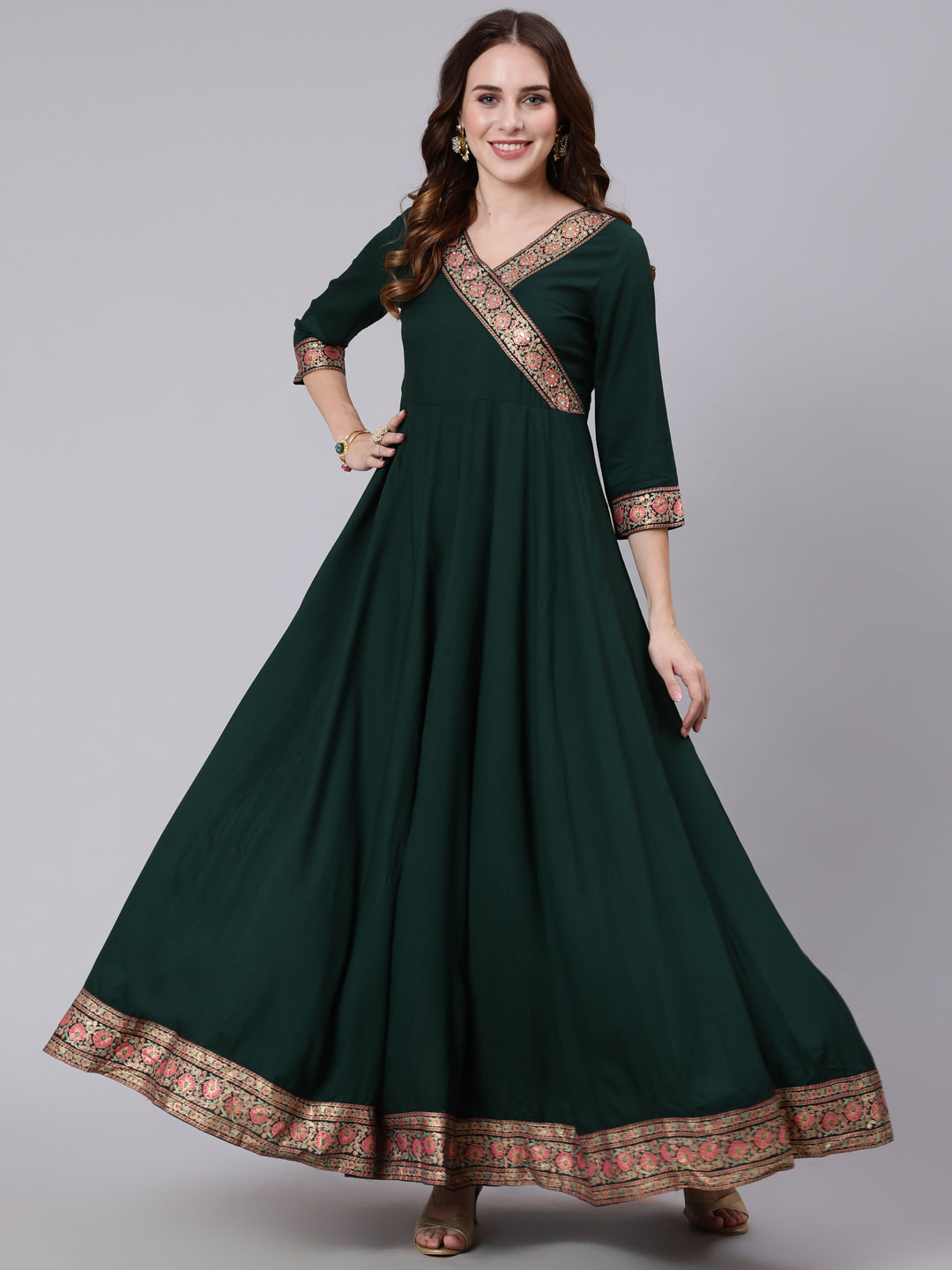 Rayon Slub Full Length Solid Flared 3/4 Sleeve V Neck Kurta Dupatta