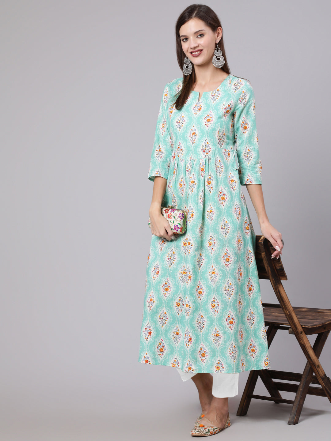 Rayon Calf Length Printed Semi Flared 3/4 Sleeve Round Neck Kurta