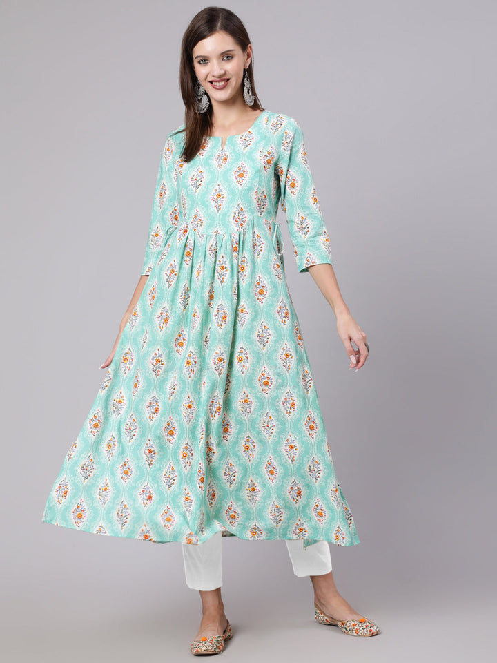 Rayon Calf Length Printed Semi Flared 3/4 Sleeve Round Neck Kurta
