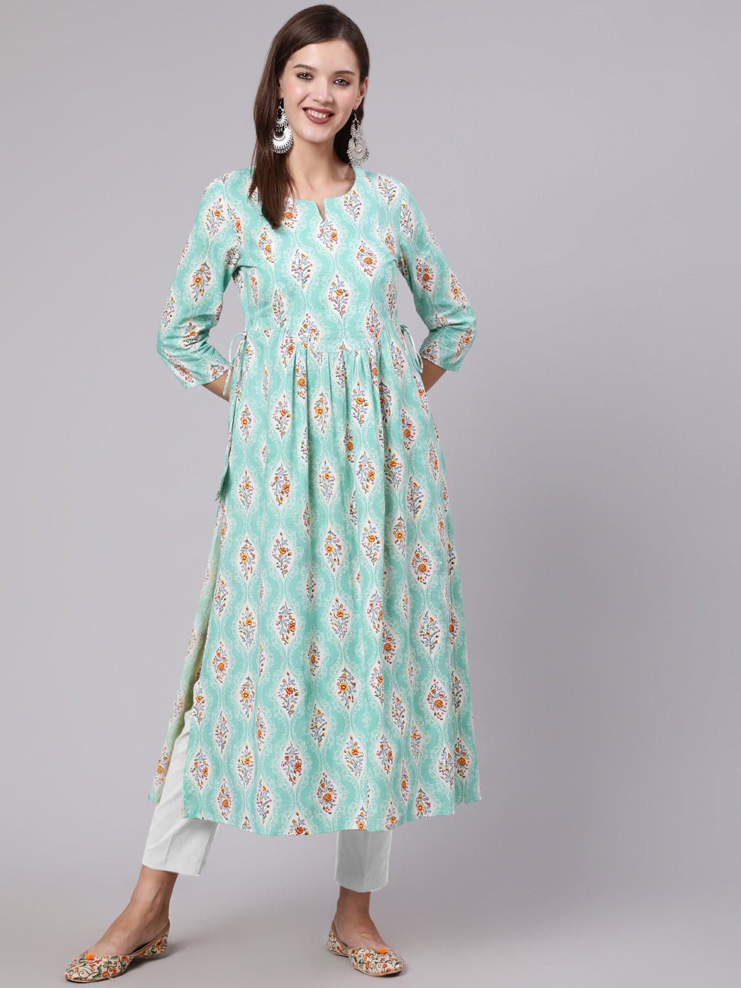 Rayon Calf Length Printed Semi Flared 3/4 Sleeve Round Neck Kurta