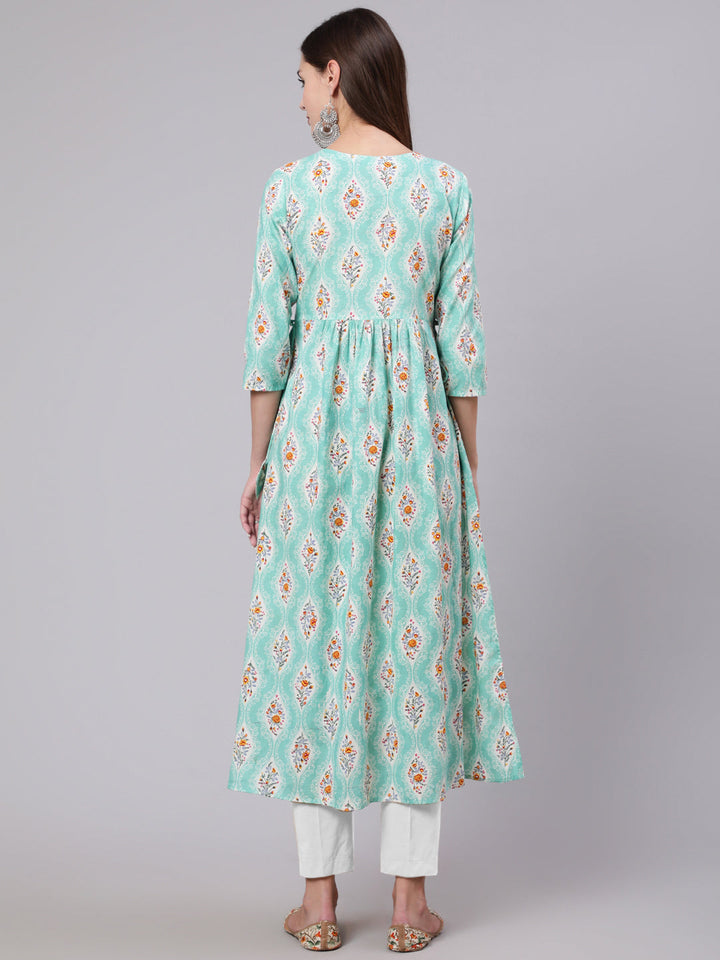 Rayon Calf Length Printed Semi Flared 3/4 Sleeve Round Neck Kurta