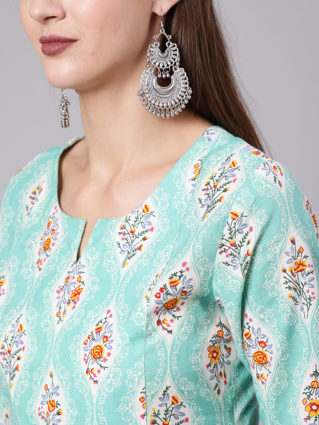 Rayon Calf Length Printed Semi Flared 3/4 Sleeve Round Neck Kurta