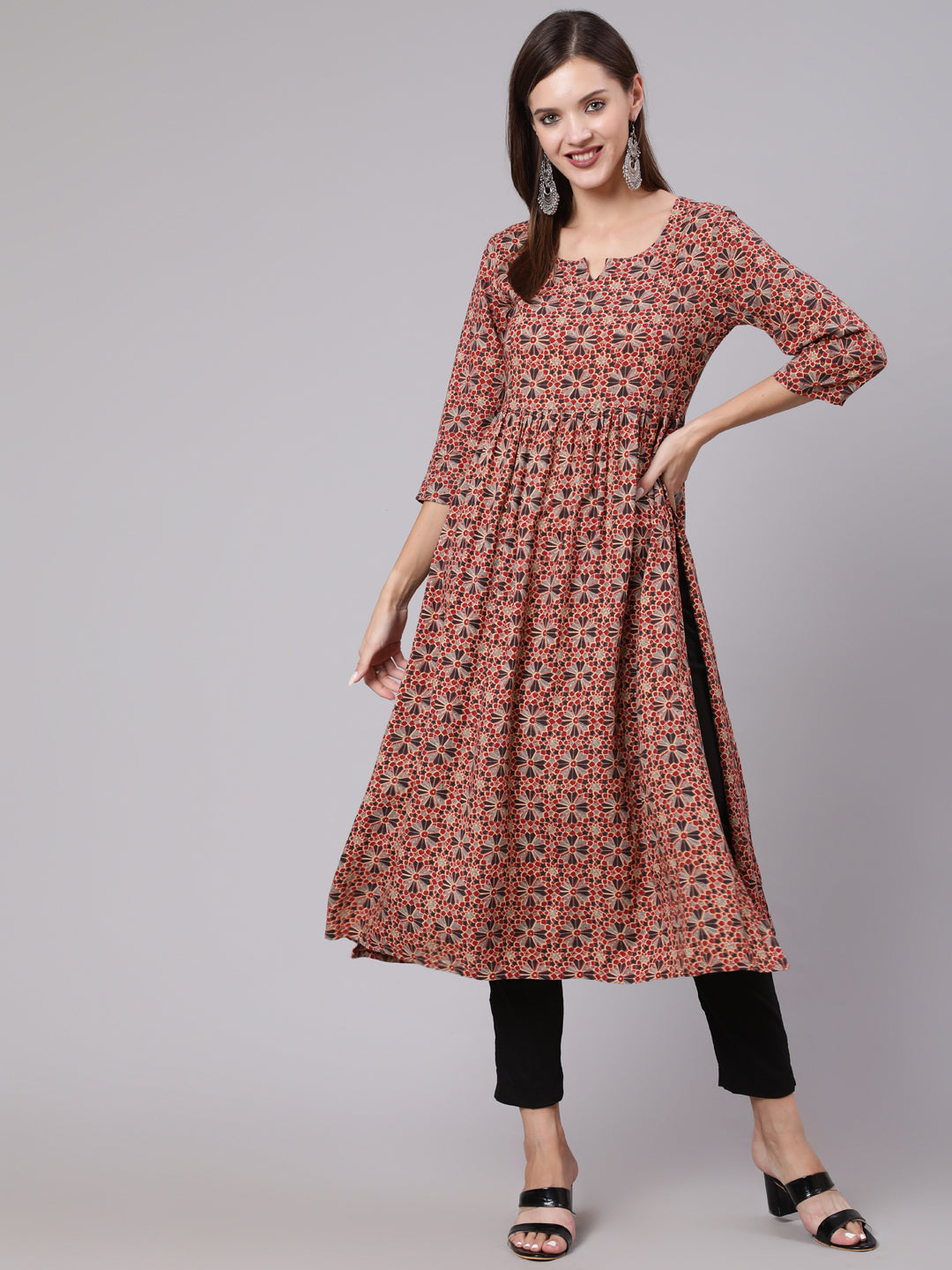 Rayon Calf Length Printed Semi Flared 3/4 Sleeve Round Neck Kurta