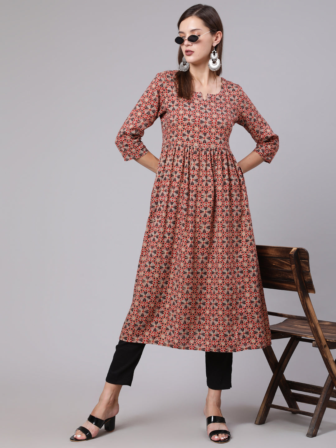 Rayon Calf Length Printed Semi Flared 3/4 Sleeve Round Neck Kurta