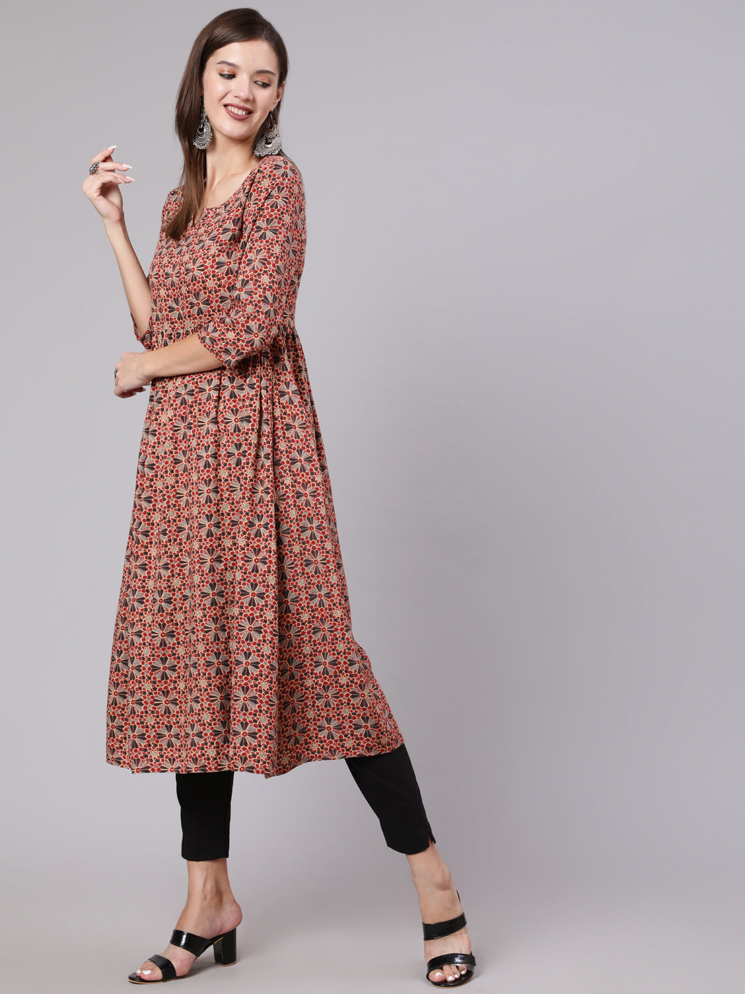 Rayon Calf Length Printed Semi Flared 3/4 Sleeve Round Neck Kurta