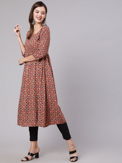 Rayon Calf Length Printed Semi Flared 3/4 Sleeve Round Neck Kurta