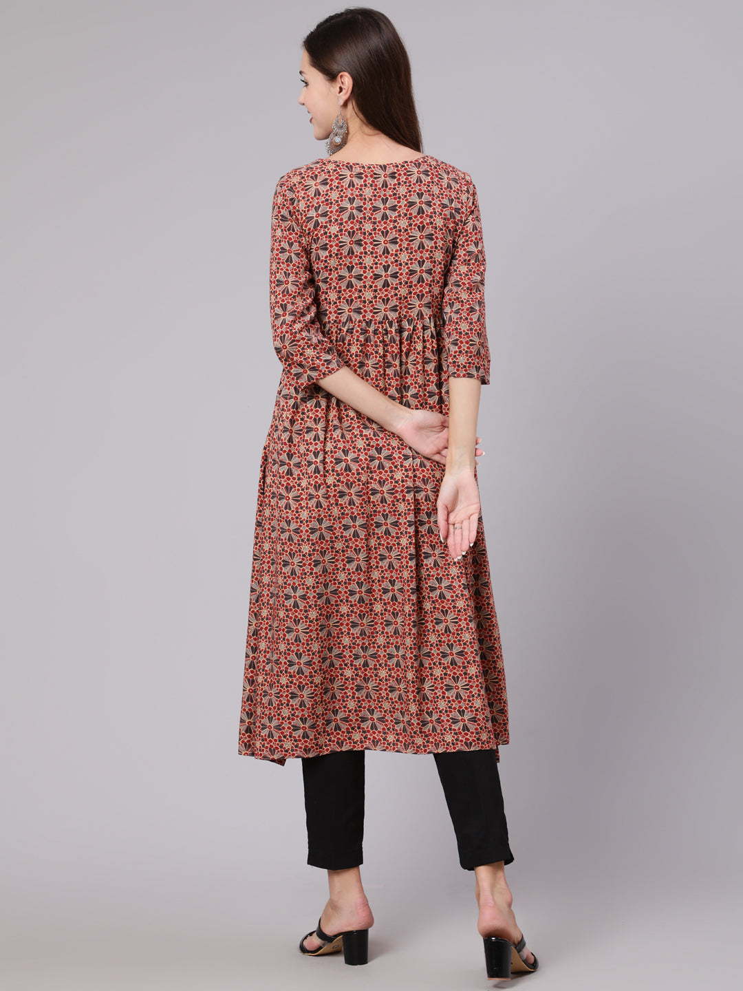 Rayon Calf Length Printed Semi Flared 3/4 Sleeve Round Neck Kurta
