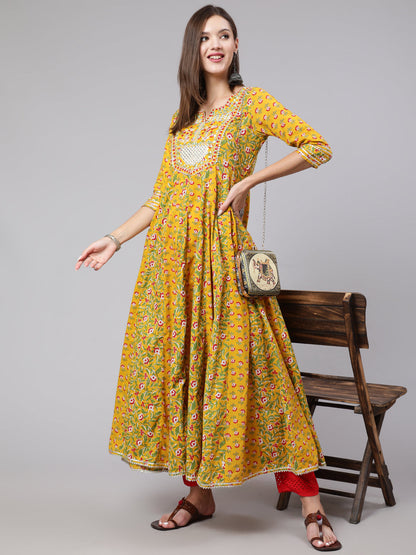 Cotton Ankle Length Printed Flared 3/4 Sleeve Round Neck Kurta
