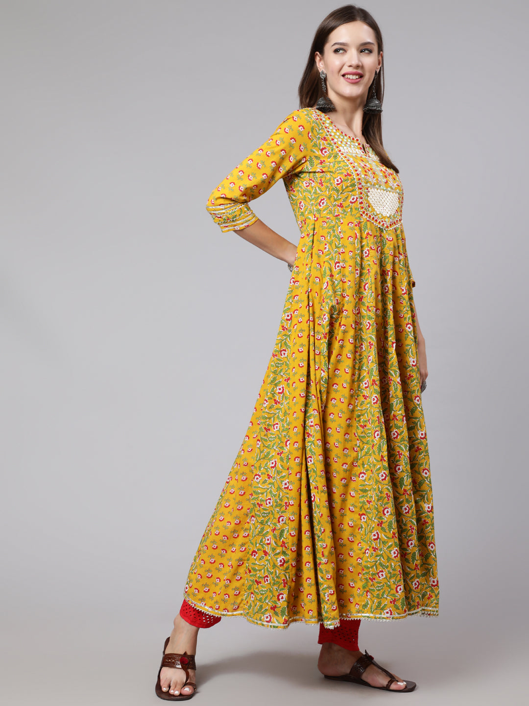 Cotton Ankle Length Printed Flared 3/4 Sleeve Round Neck Kurta