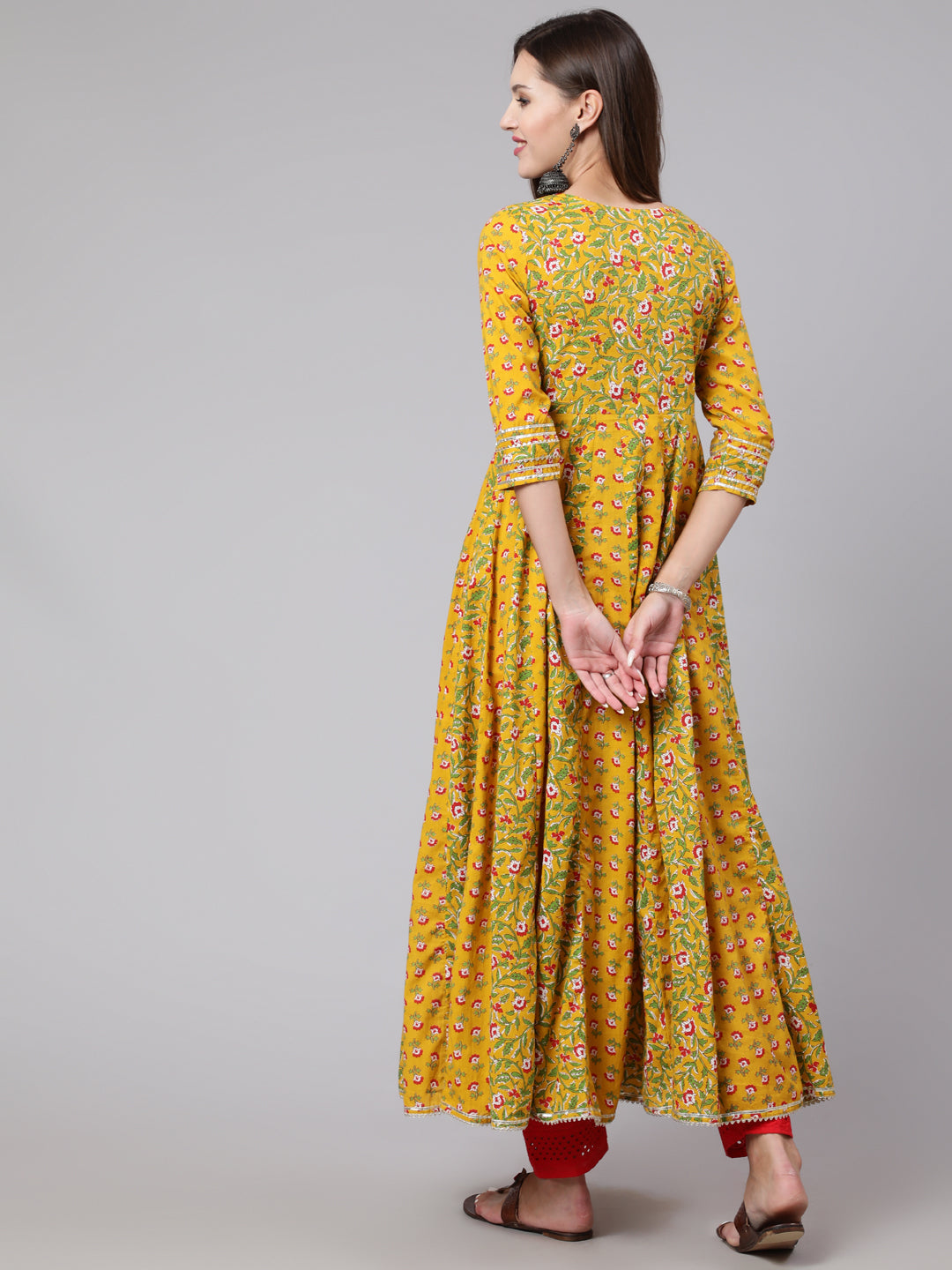 Cotton Ankle Length Printed Flared 3/4 Sleeve Round Neck Kurta