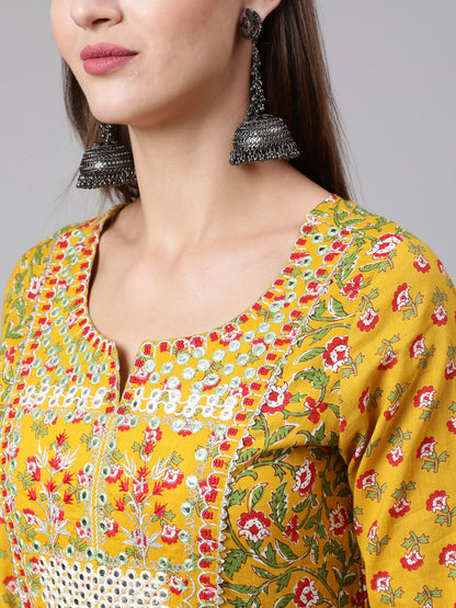 Cotton Ankle Length Printed Flared 3/4 Sleeve Round Neck Kurta