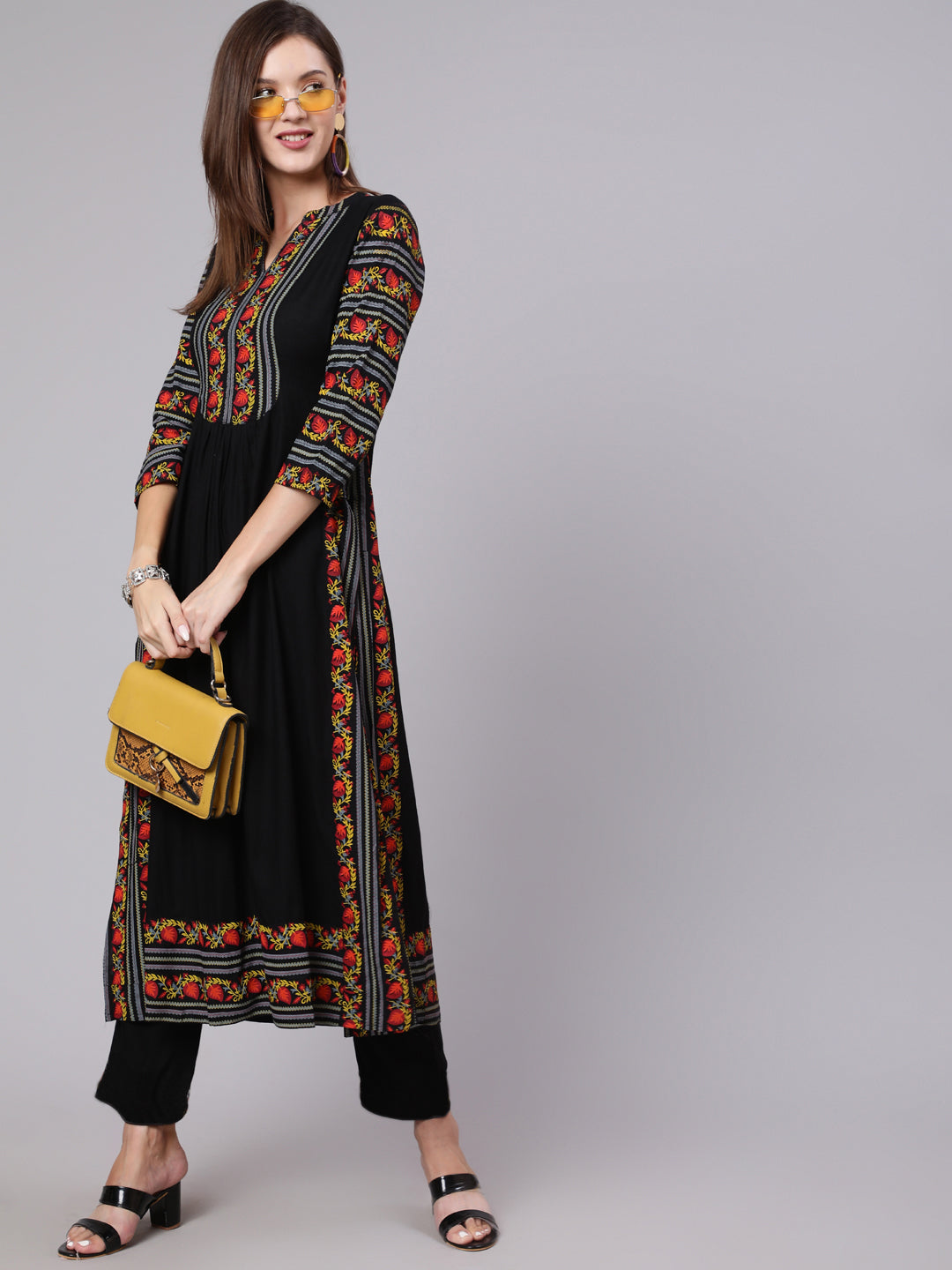 Rayon Calf Length Printed Semi Flared 3/4 Sleeve Collar Neck Kurta