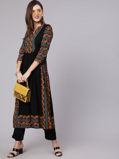 Rayon Calf Length Printed Semi Flared 3/4 Sleeve Collar Neck Kurta