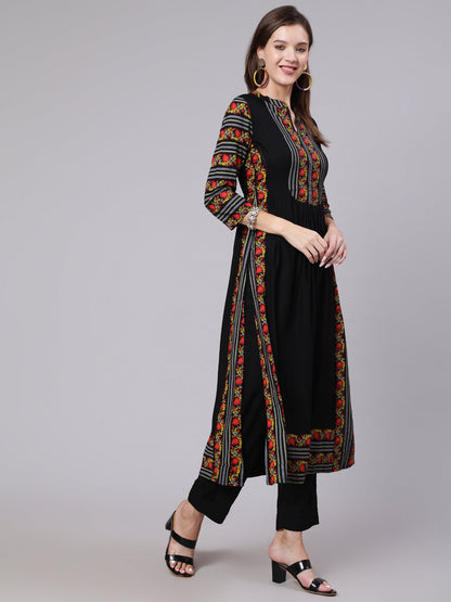 Rayon Calf Length Printed Semi Flared 3/4 Sleeve Collar Neck Kurta